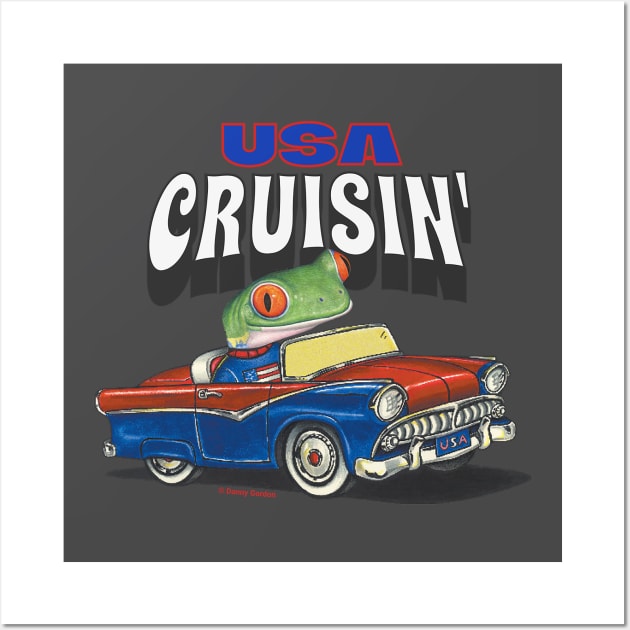 Funny and Humorous Red Eyed Tree Frog is cute driving through the USA in a classic vintage car Wall Art by Danny Gordon Art